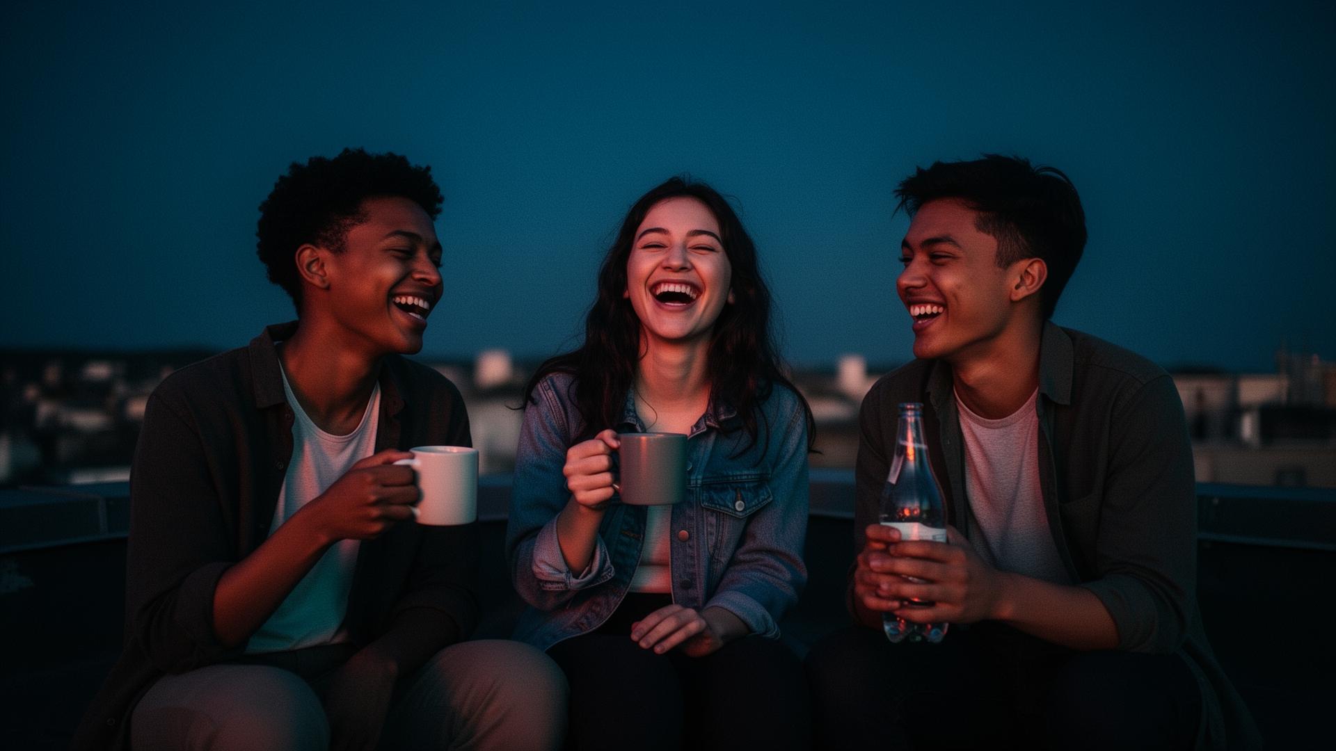 Three young friends laughing together on a rooftop at twilight, holding mugs and sparkling water