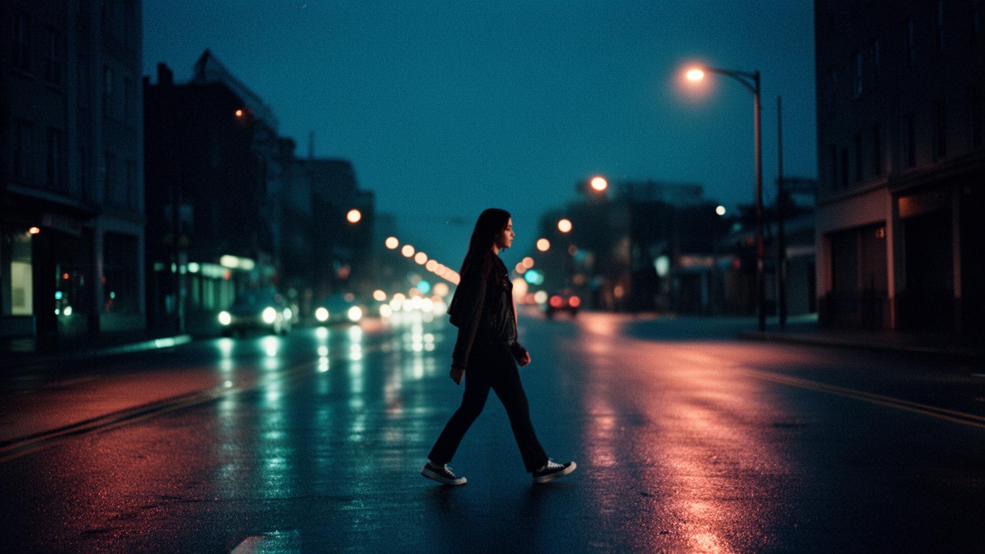 Young woman walking across a quiet city street at dawn