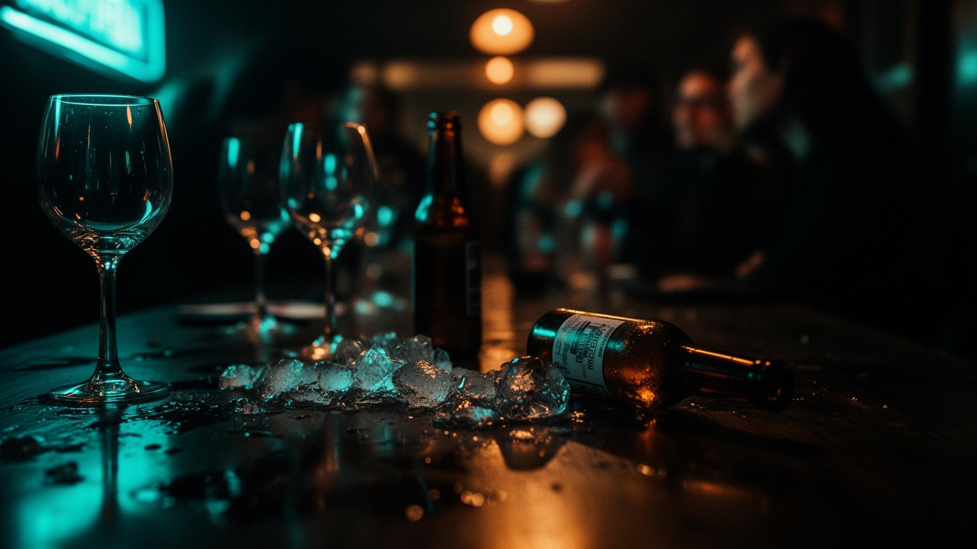 Empty wine glasses and a tipped beer bottle on a dark bar at 2am